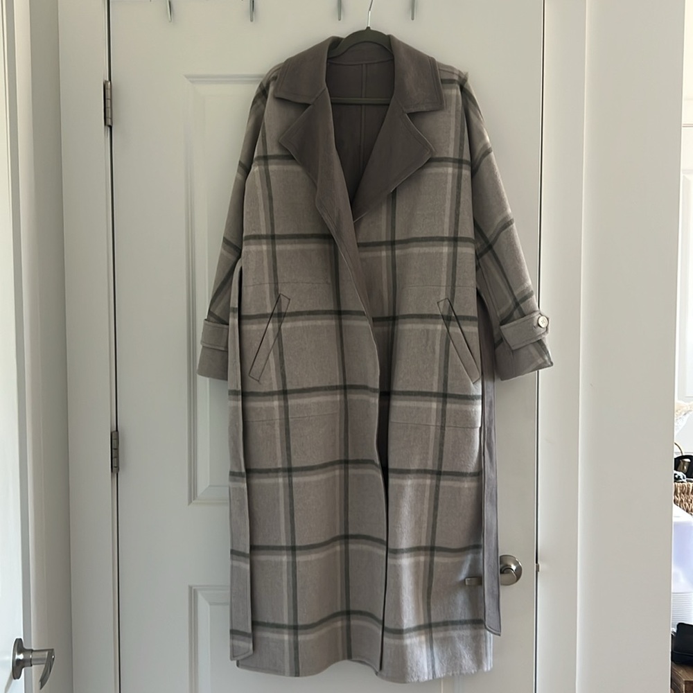 10 Crosby Derek Lam Oversized Reversible Plaid Wool Coat in Grey and Green